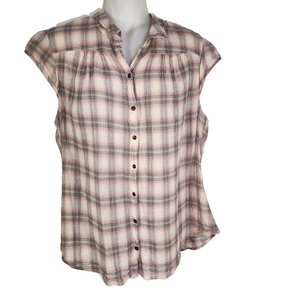 Ruff Hewn Women Shirt Large Plaid Button Up Pink Gray Textured Short Cap Sleeve